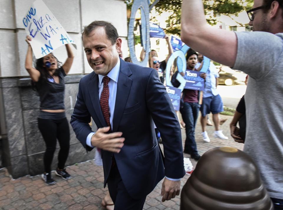 Tom Perriello greets supporters in front of the venue where progressive and labor groups from across the Commonwealth hosted a forum for him and fellow candidate Ralph Northam to discuss Virginia’s 2017 gubernatorial race on May 2, 2017, in Arlington, Va. (Photo: Bill O’Leary/The Washington Post via Getty Images)