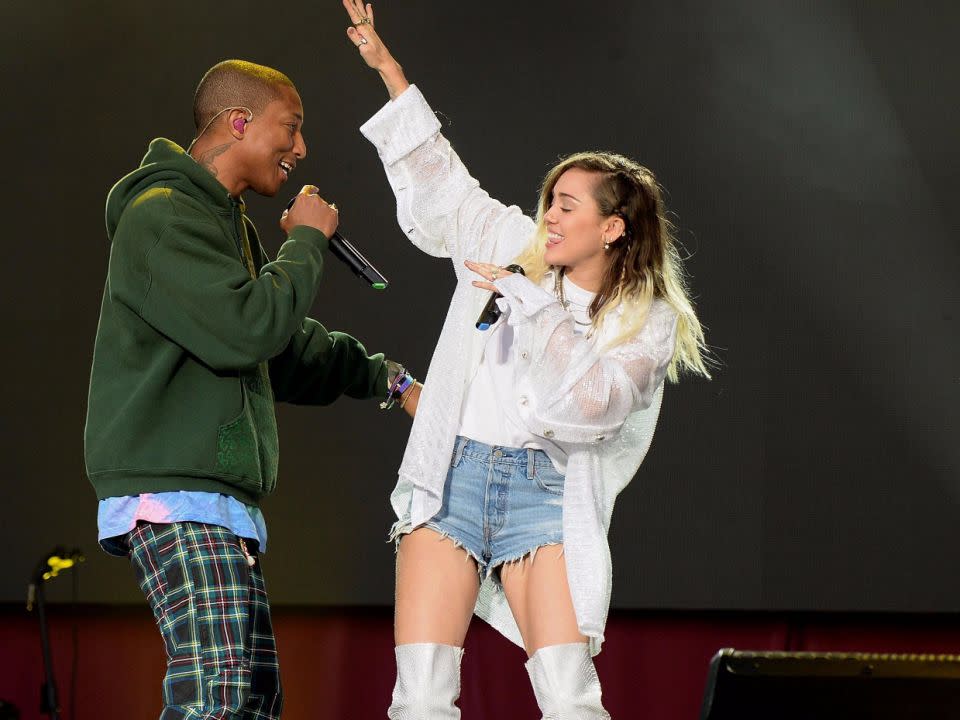 Miley Cyrus and Pharrell Williams took the stage together. Source: Getty