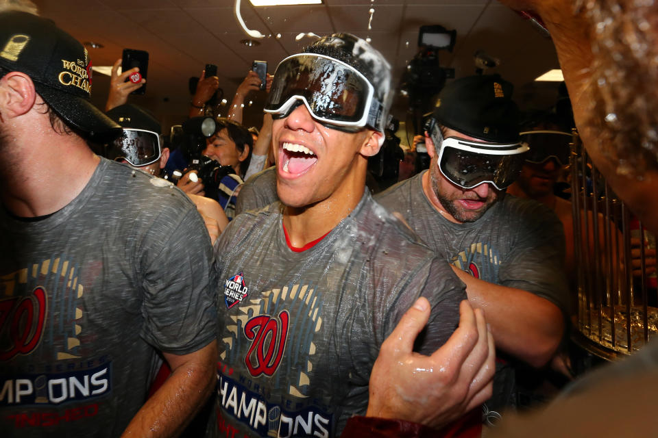 Juan Soto finally got the celebrate like a postseason win like an adult after turning 21 during the World Series. (Photo by Alex Trautwig/MLB Photos via Getty Images)