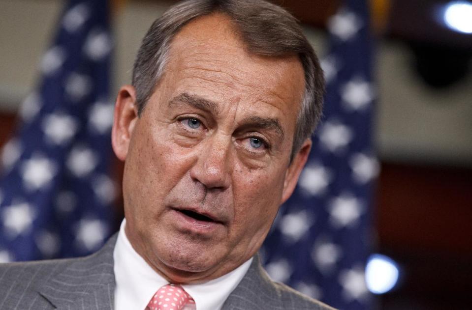 FILE - In this June 28, 2012 file photo, House Speaker John Boehner of Ohio speaks on Capitol Hill in Washington. Republicans and Democrats in Congress who congratulated themselves for passing relatively routine legislation before July 4 are returning to the Capitol for a summer stocked with political show votes and no serious role for bipartisanship. Any thought of compromise on major issues _ taxes, spending, deficit control or immigration among them _ will have to wait until after the election or the new year. (AP Photo/J. Scott Applewhite, File)