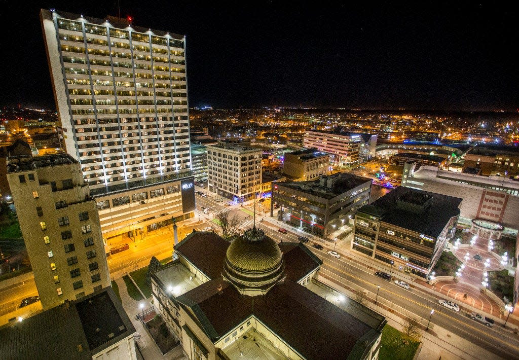 The downtown South Bend skyline at night. Tribune File Photo/Robert Franklin