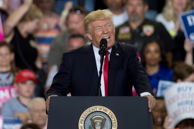 US President Donald Trump speaks during a 'Make America Great Again' rally in Harrisburg on April 29, 2017