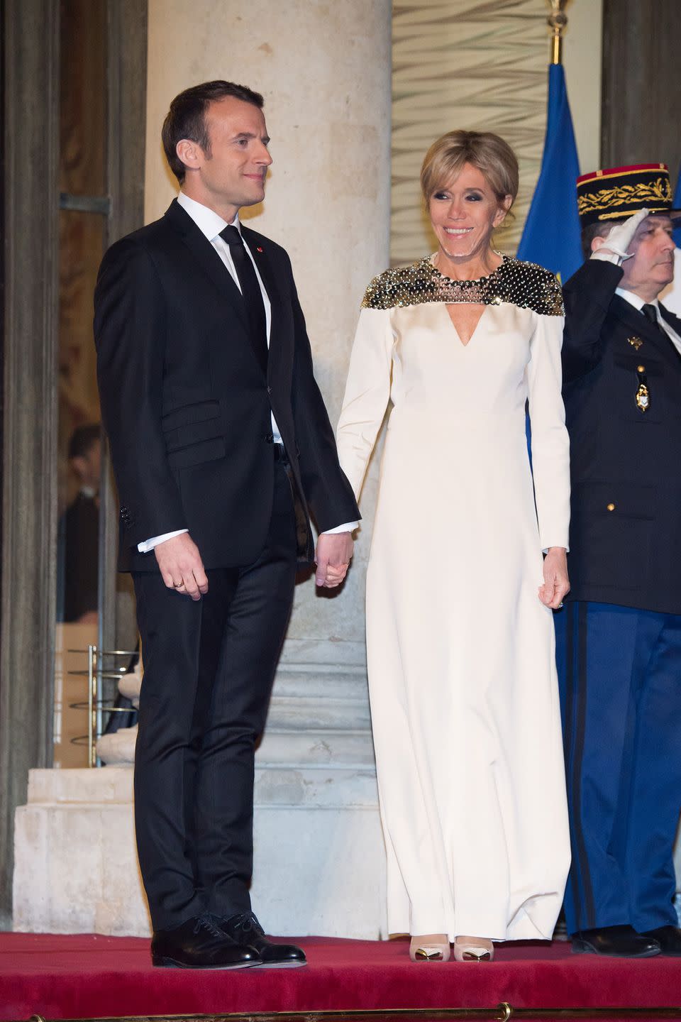 <p>At a state dinner at the Elysee Palace in custom Louis Vuitton. </p>