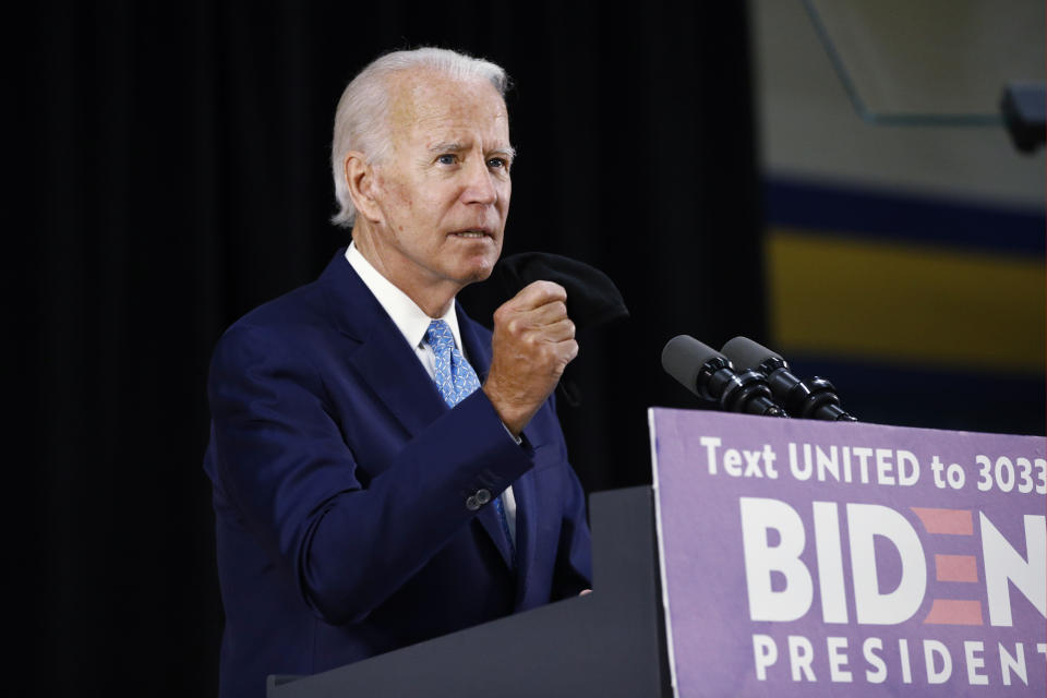 Democratic presidential candidate, former Vice President Joe Biden, speaks Tuesday, June 30, 2020, in Wilmington, Del. (AP Photo/Patrick Semansky)