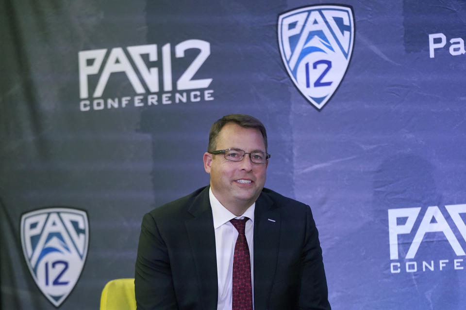 Stanford head coach Jerod Haase smiles during the Pac-12 Conference NCAA college basketball media day Wednesday, Oct. 13, 2021, in San Francisco. (AP Photo/Jeff Chiu)