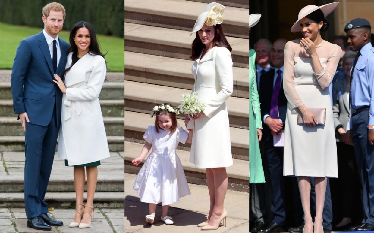 Meghan and Harry announcing their engagement, the Duchess of Cambridge and Princess Charlotte at Meghan and Harry's wedding and Meghan wearing tights at Buckingham Palace - PA/ Getty