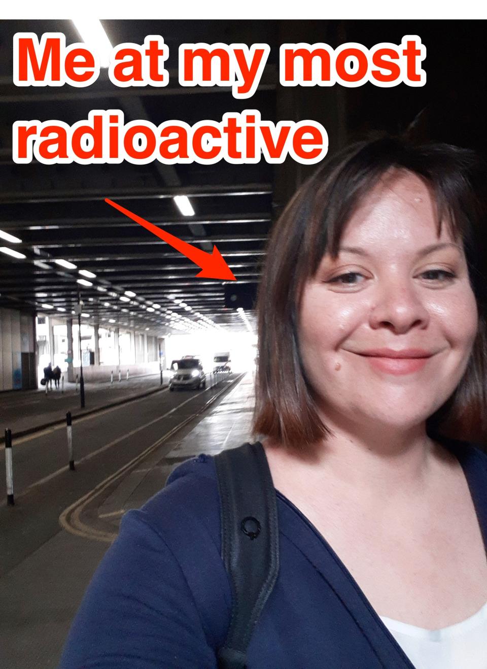 A picture shows Marianne Guenot walking in a tunnel in London. An arrow says "me at my most radioactive"