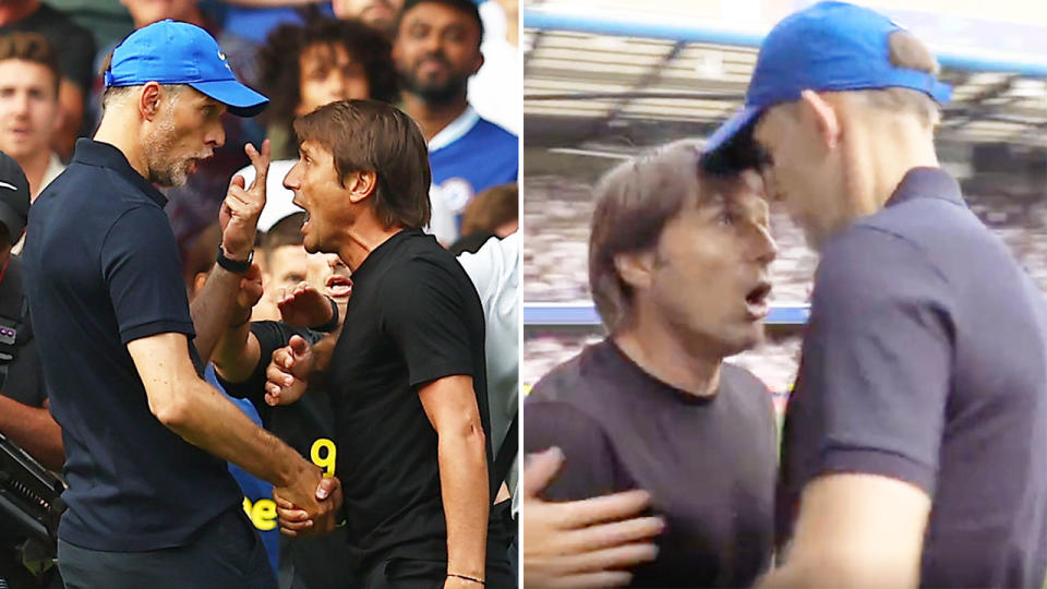 Thomas Tuchel and Antonio Conte were given red cards after their explosive post-game altercation. Pic: Getty/Sky Sports