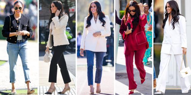 Meghan Markle in white belted brandon maxwell jacket, blue jeans