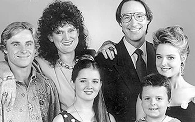 The cast from Hey Dad! in 1992 - From left, Ben Oxenbould, Julie McGregor, Sarah Monahan, Robert Hughes, Mathew Krok and Rachael Beck. Photo: ABC.