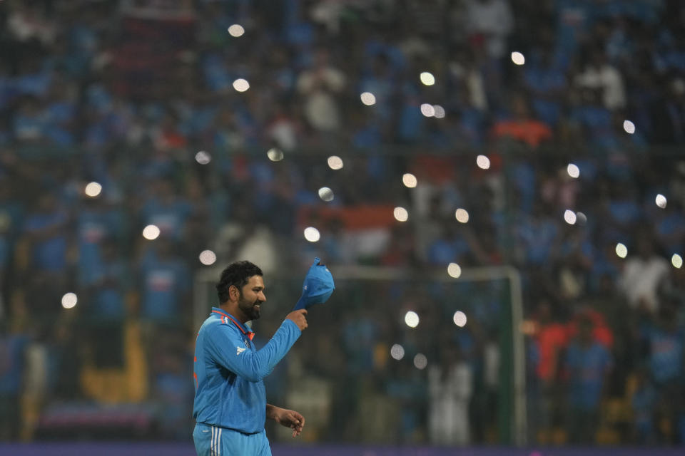 India's captain Rohit Sharma celebrates after their win in the ICC Men's Cricket World Cup match against Netherlands in Bengaluru, India, Sunday, Nov. 12, 2023. (AP Photo/Aijaz Rahi)