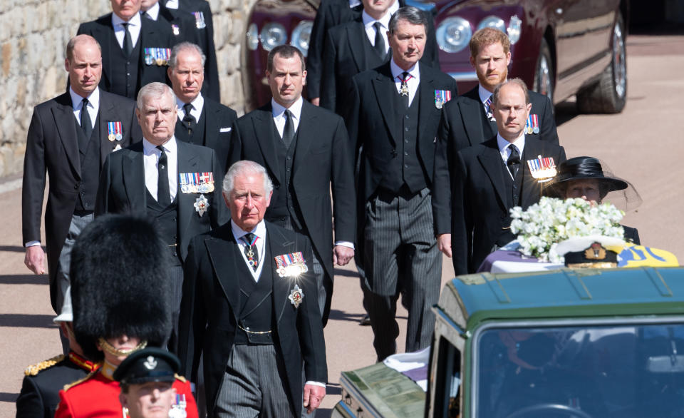WINDSOR, ENGLAND - APRIL 17: Prince Charles, Prince of Wales, Prince Andrew, Duke of York, Prince Edward, Earl of Wessex, Prince William, Duke of Cambridge, Peter Phillips, Prince Harry, Duke of Sussex, Earl of Snowdon David Armstrong-Jones and Vice-Admiral Sir Timothy Laurence follow Prince Philip, Duke of Edinburgh's coffin during the Ceremonial Procession during the funeral of Prince Philip, Duke of Edinburgh on April 17, 2021 in Windsor, England. Prince Philip of Greece and Denmark was born 10 June 1921, in Greece. He served in the British Royal Navy and fought in WWII. He married the then Princess Elizabeth on 20 November 1947 and was created Duke of Edinburgh, Earl of Merioneth, and Baron Greenwich by King VI. He served as Prince Consort to Queen Elizabeth II until his death on April 9 2021, months short of his 100th birthday. His funeral takes place today at Windsor Castle with only 30 guests invited due to Coronavirus pandemic restrictions. (Photo by Pool/Samir Hussein/WireImage)