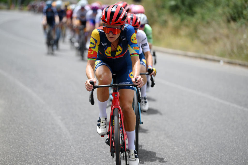 SASSARI ITALY  JULY 08 Elizabeth Deignan of The United Kingdom and Team Lidl  Trek leads the peloton during the 34th Giro dItalia Donne 2023 Stage 8 a 1257km stage from Nuoro to Sassari  UCIWWT  on July 08 2023 in Sassari Italy Photo by Dario BelingheriGetty Images