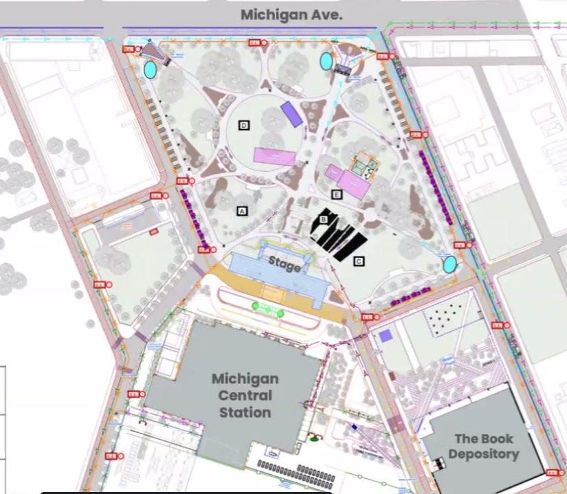 The setup for the June 6 grand-opening concert at Michigan Central Station is shown in a document provided Tuesday to Detroit City Council.