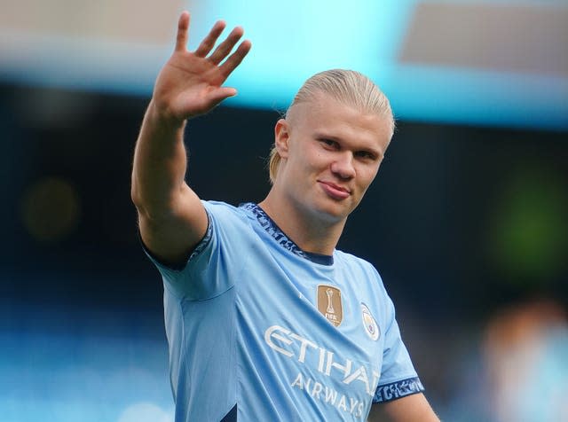 Manchester City's Erling Haaland gestures towards the fans after scoring a hat-trick against Ipswich