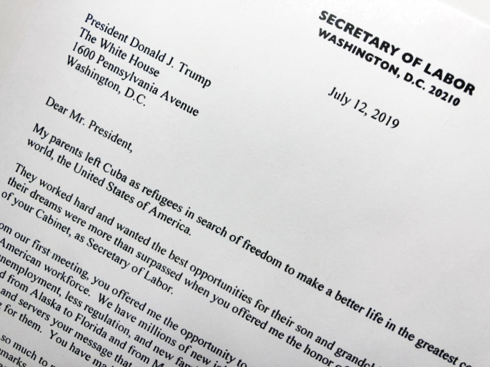 Part of the resignation letter from Labor Secretary Alex Acosta to President Donald Trump is photographed in Washington, Friday, July 12, 2019. Acosta said he is resigning following renewed scrutiny of his handling of a 2008 secret plea deal with wealthy financier Jeffrey Epstein , who is accused of sexually abusing dozens of underage girls. (AP Photo/Wayne Partlow)