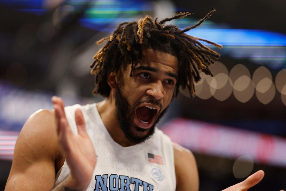 North Carolina Tar Heels guard RJ Davis reacts after scoring against the Pittsburgh Panthers at Capital One Arena.