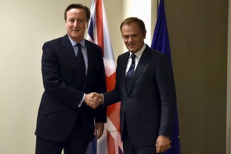 Prime Minister David Cameron (L) shakes hands with European Council President Donald Tusk during a bilateral meeting after a EU-Turkey summit in Brussels, Belgium November 29, 2015. REUTERS/Eric Vidal