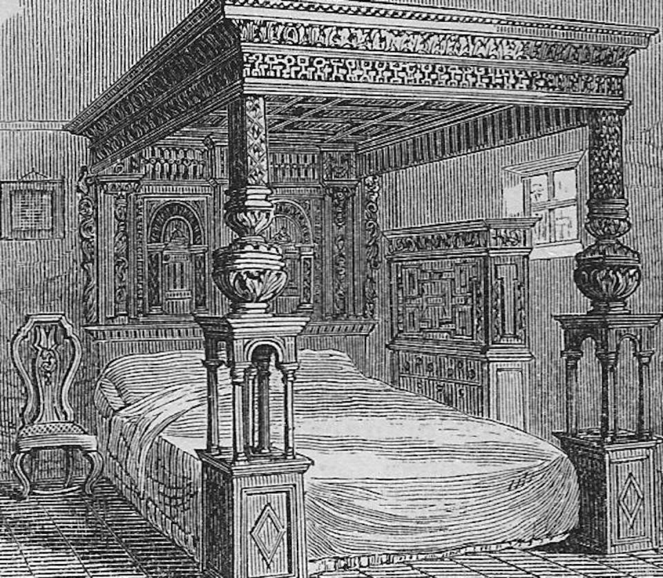 An 1877 drawing of the Great Bed of Ware. <a href="https://commons.wikimedia.org/wiki/File:Great_Bed_of_Ware_1877.png" rel="nofollow noopener" target="_blank" data-ylk="slk:Harper's New Monthly Magazine;elm:context_link;itc:0;sec:content-canvas" class="link ">Harper's New Monthly Magazine</a>