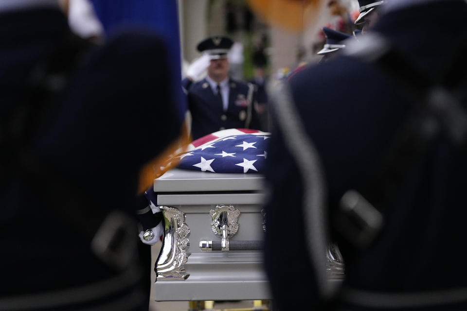 Airman Roger Fortson's casket is carried during his interment at Lincoln Memorial Cemetery, Friday, May 17, 2024, in Atlanta. (AP Photo/Brynn Anderson)