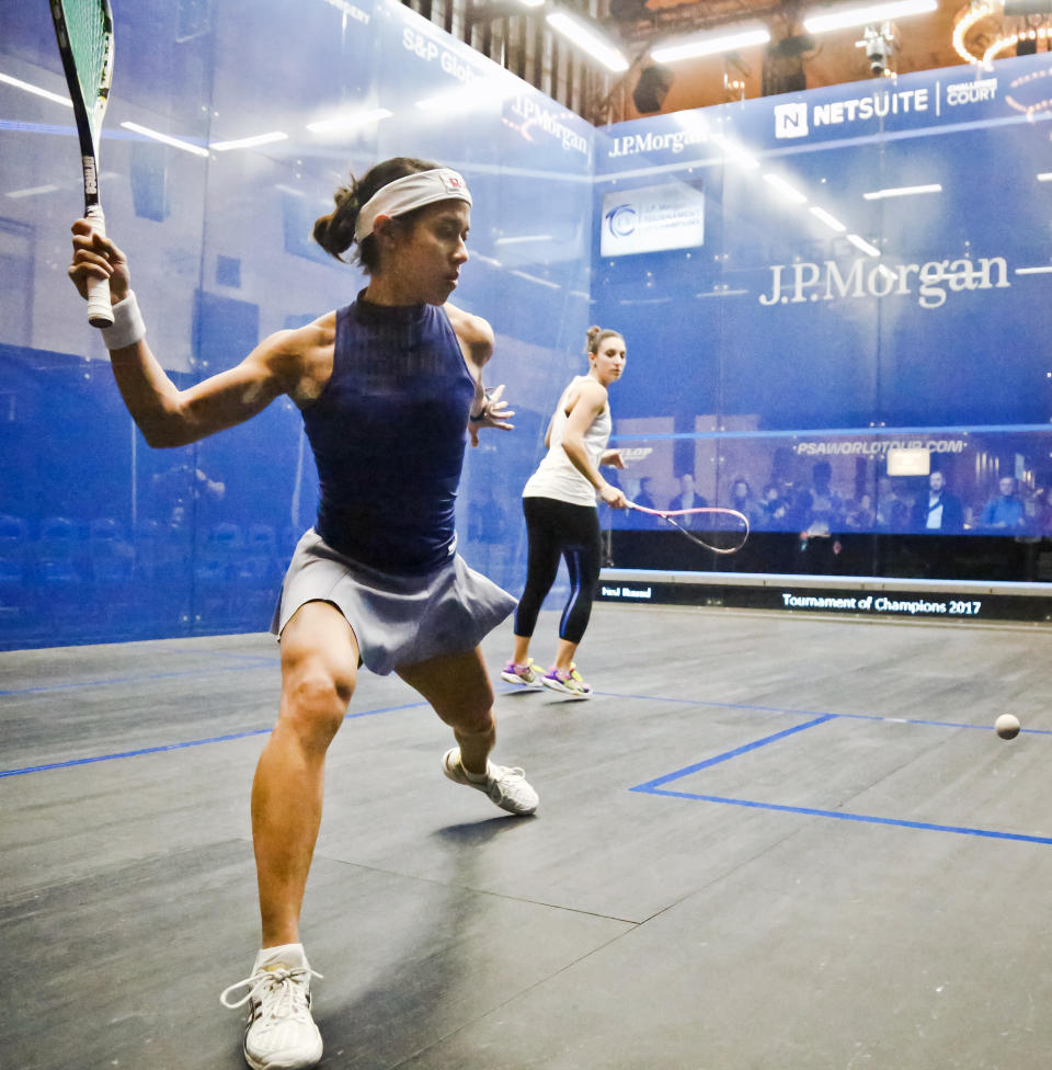 Malaysia's 7th ranked Nicol David, left, and France's 3rd ranked Camille Serme, right, warm-up for the 20th anniversary of the JP Morgan Tournament of Champions professional squash competition, Thursday Jan. 12, 2017, in New York at Grand Central terminal in New York. The competition runs Jan.12 through Jan. 19. (AP Photo/Bebeto Matthews)