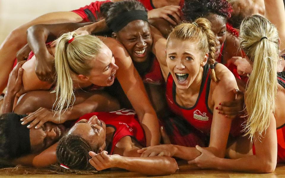 Helen Housby, who scored in the final second and her England teammates celebrate at full time and winning the Netball Gold Medal Match between England and Australia on day 11 of the Gold Coast 2018 Commonwealth Games at Coomera Indoor Sports Centre on April 15, 2018  - Scott Barbour/Getty Images
