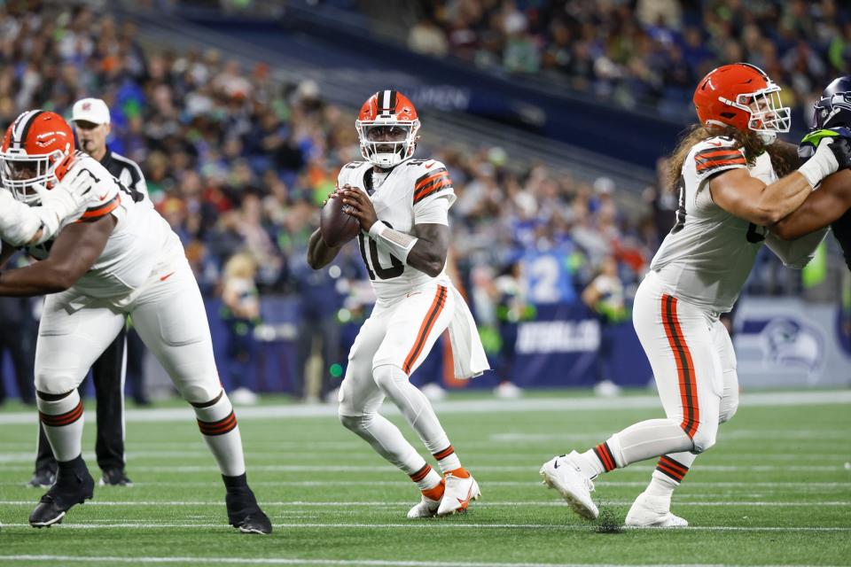 Aug 24, 2024; Seattle, Washington, USA; Cleveland Browns quarterback Tyler Huntley (10) looks to pass against the Seattle Seahawks during the third quarter at Lumen Field. Mandatory Credit: Joe Nicholson-USA TODAY Sports