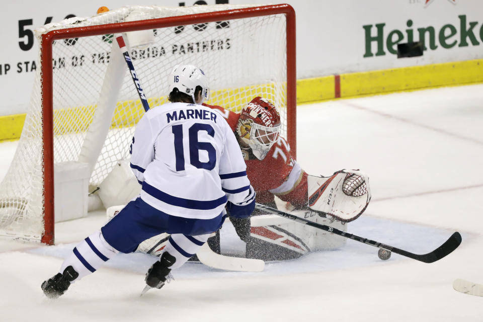 Toronto Maple Leafs right wing Mitchell Marner (16) attempts a shot at Florida Panthers goaltender Sergei Bobrovsky during the second period of an NHL hockey game Thursday, Feb. 27, 2020, in Sunrise, Fla. (AP Photo/Wilfredo Lee)