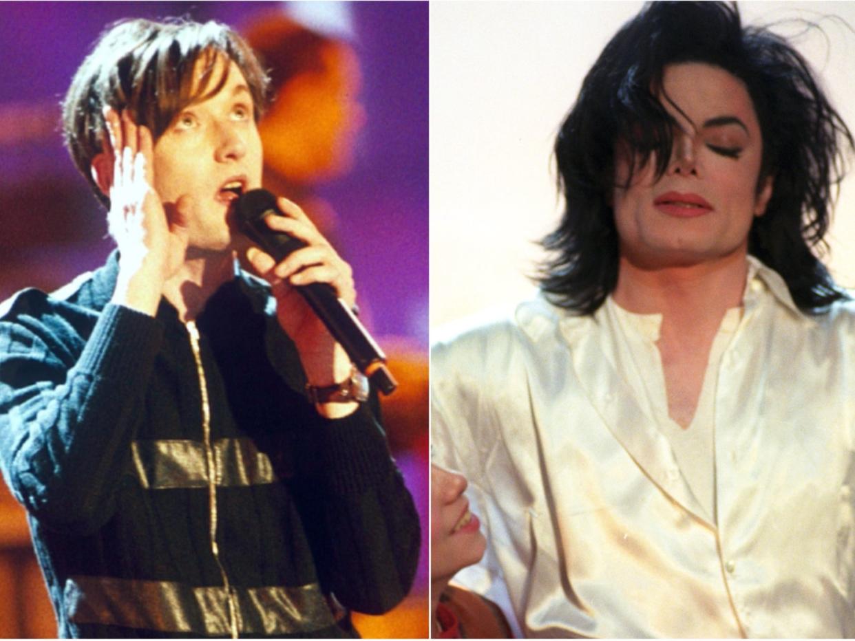 <p>Jarvis Cocker (left) famously waggled his backside at the audience during Michael Jackson’s performance at the Brit Awards in 1996</p> (Shutterstock)