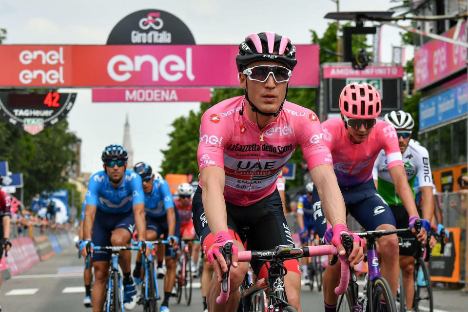 Italy's Valerio Conti wears the pink jersey of the overall leader after completing the 10th stage of the Giro d'Italia cycling race from Ravenna to Modena, Italy, Tuesday, May 21, 2019. (Alessandro Di Meo/ANSA via AP)