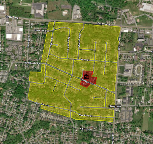 The range of homes that may have to shelter-in-place during the 6213 Applegate Lane deconstruction.