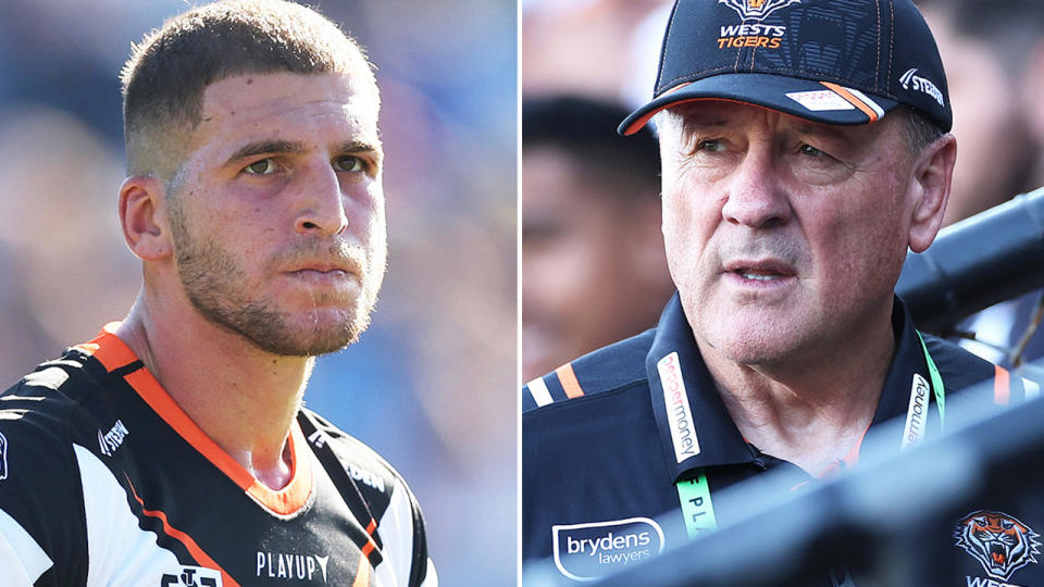 Adam Doueihi during a match and Tim Sheens after an NRL game.