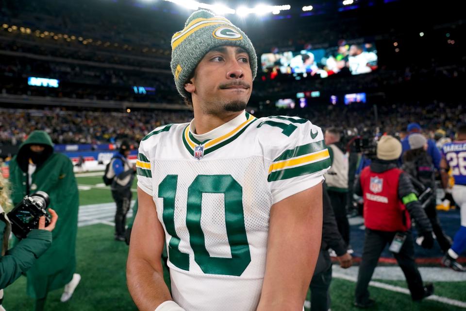 Green Bay Packers quarterback Jordan Love walks off the field after a 24-22 loss to the New York Giants on Monday. Love will raise money for the Salvation Army by signing autographs this Monday.
