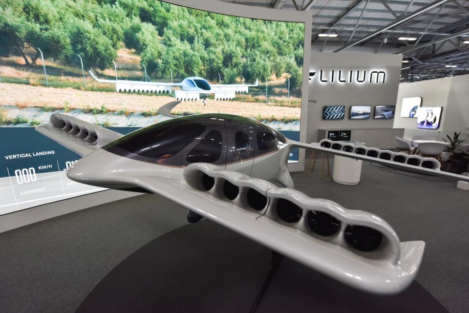 A model of a eVTOL Lilium Jet, electric vertical take-off and landing jet is displayed during the Farnborough International Airshow 2022 on July 18, 2022