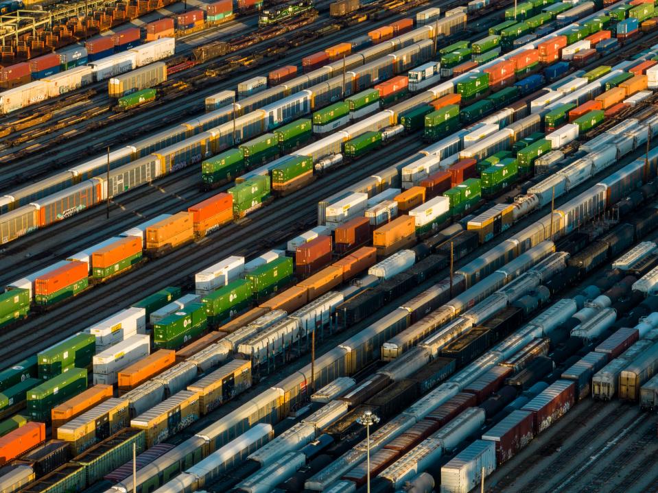 Freight train cars sit in a Norfolk Southern rail yard on Sept. 14 in Atlanta.