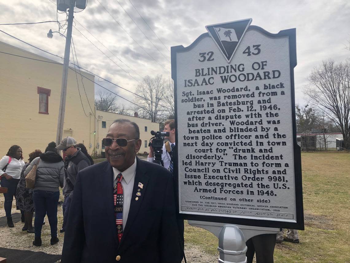 Robert Young, nephew of Isaac Woodard, in 2019 stands by the just-unveiled official historical marker of Isaac Woodard’s blinding in Batesburg-Leesville. John Monk