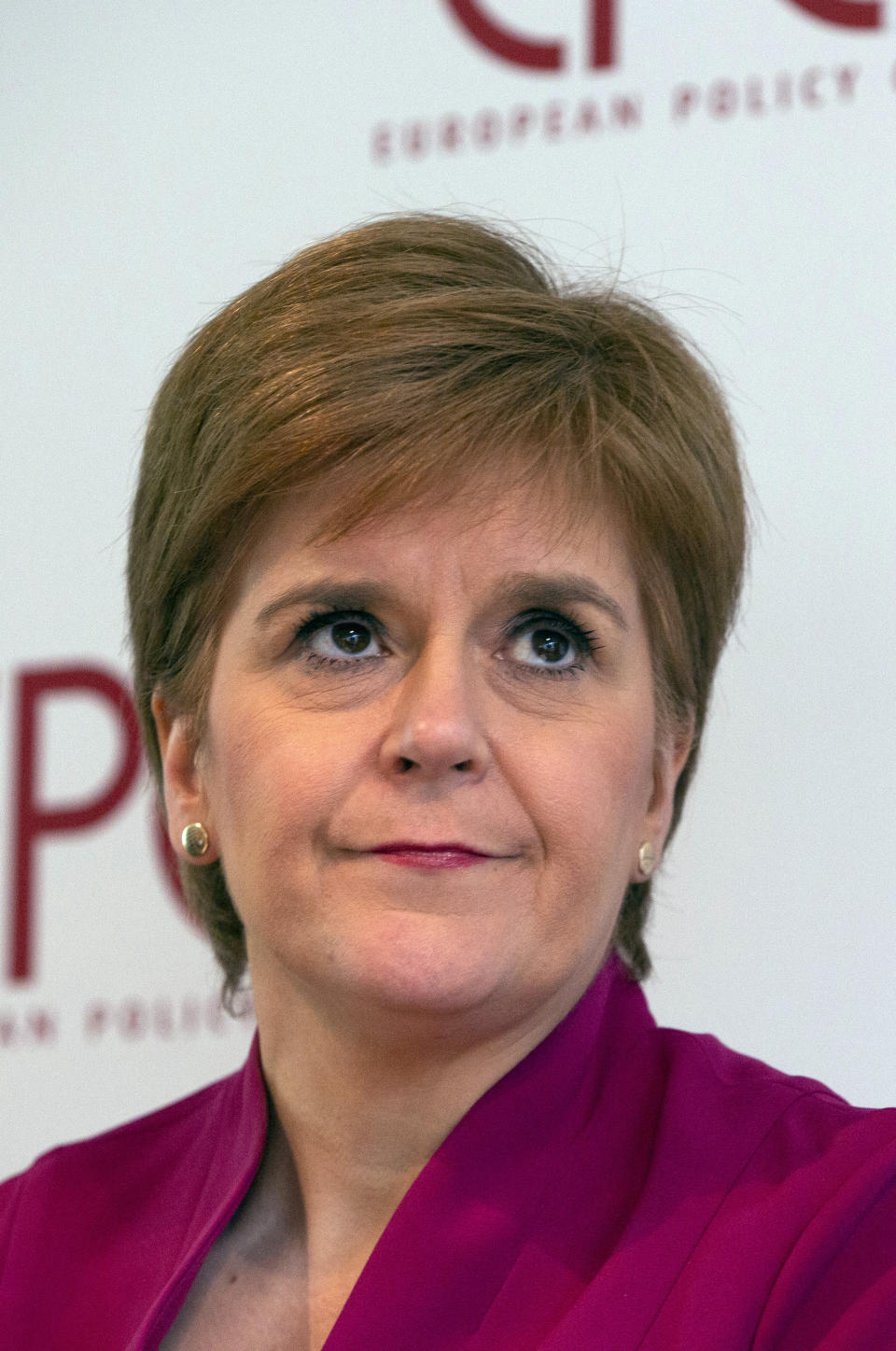 Scotland's First Minister Nicola Sturgeon speaks during an event 'Scotland's European Future after Brexit' at the European Policy Center in Brussels, Monday, Feb. 10, 2020. (AP Photo/Virginia Mayo, Pool)