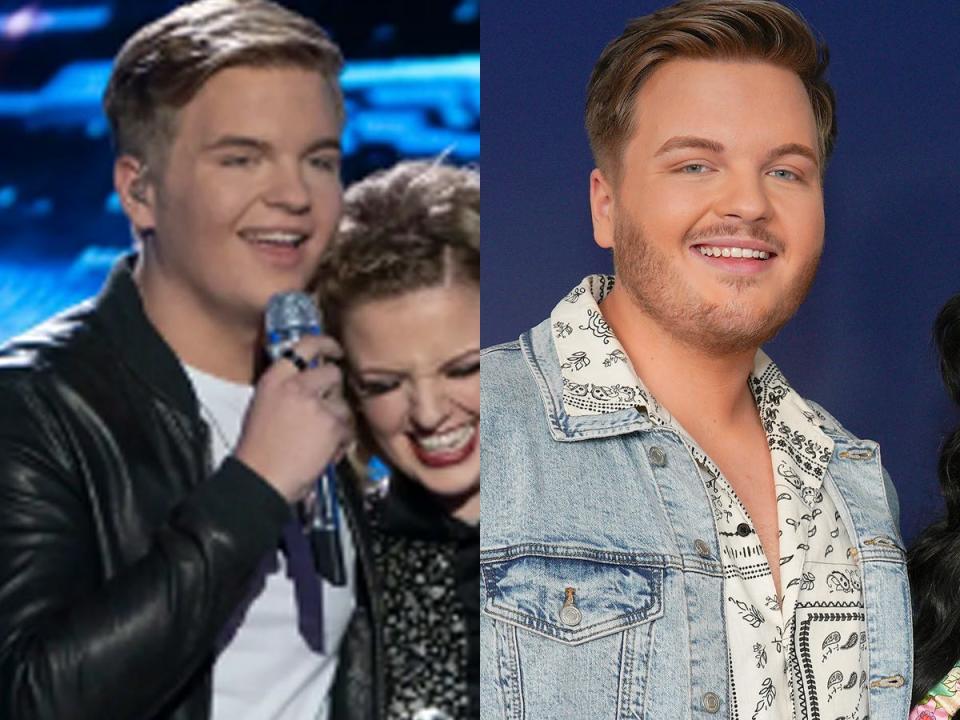 Caleb Lee Hutchinson on season 16 of american idol and Caleb Lee Hutchinson on the red carpet in 2022