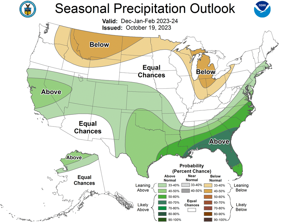 Map showing the December through February precipitation probability for the U.S.
