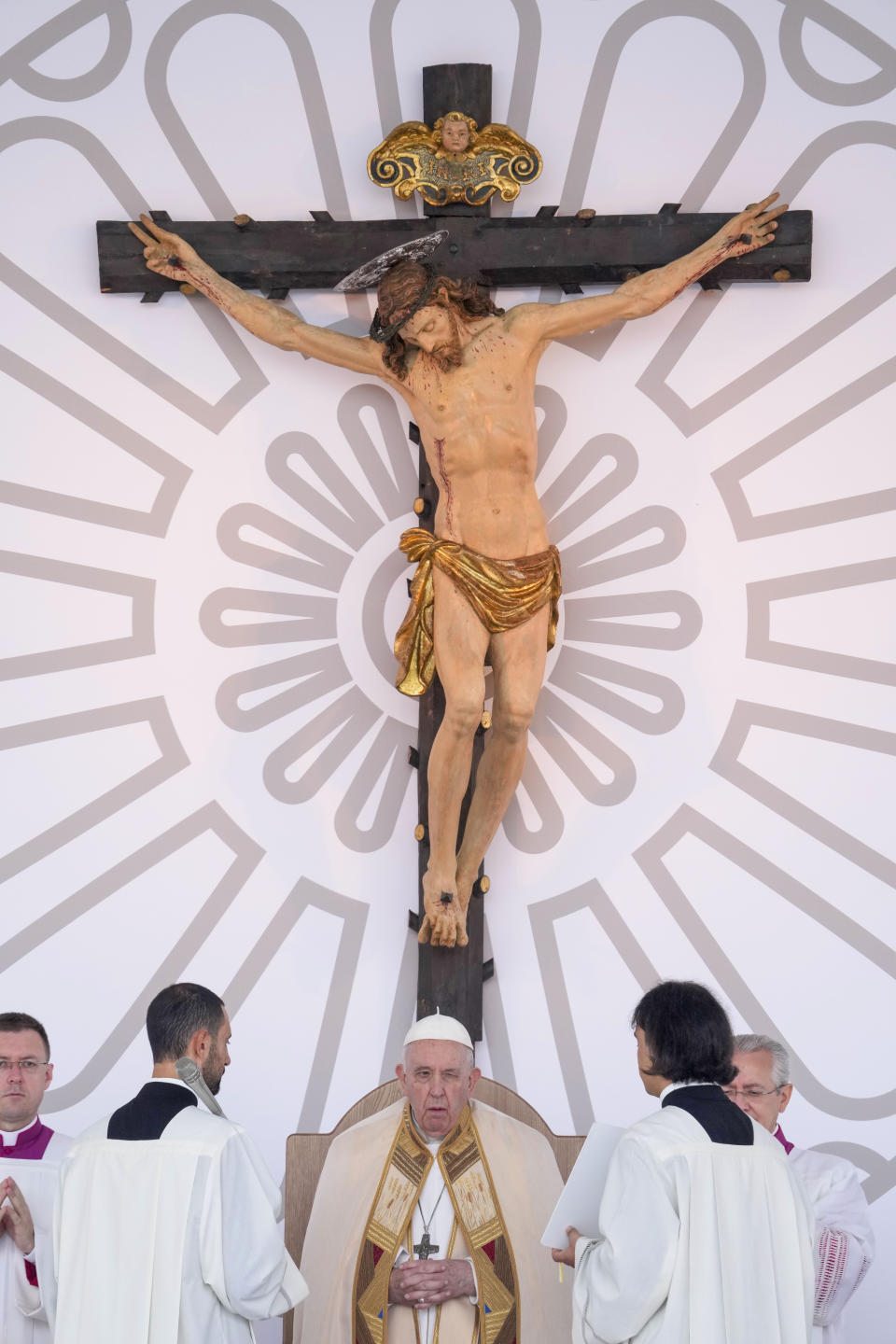 Pope Francis celebrates mass on the occasion of the 27th national Eucharistic congress, in Matera, southern Italy, Sunday, Sept. 25, 2022. (AP Photo/Andrew Medichini)