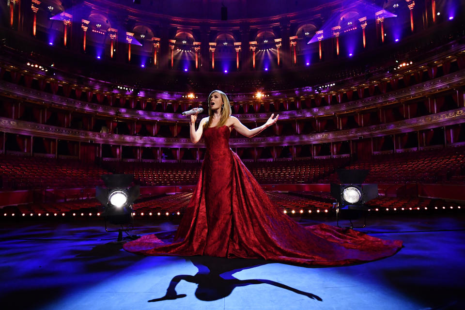 LONDON, ENGLAND - MAY 07: Katherine Jenkins performs during a behind-closed-doors concert commemorating VE Day at Royal Albert Hall on May 07, 2020 in London, England. Friday 8 May 2020 marks 75 years since Victory in Europe (VE) Day, the end of the Second World War in Europe. The performance can be watched from 18:00 BST on Friday 8 May 2020 on the Royal Albert Hall’s YouTube channel. (Photo by Gareth Cattermole/Getty Images for ABA)