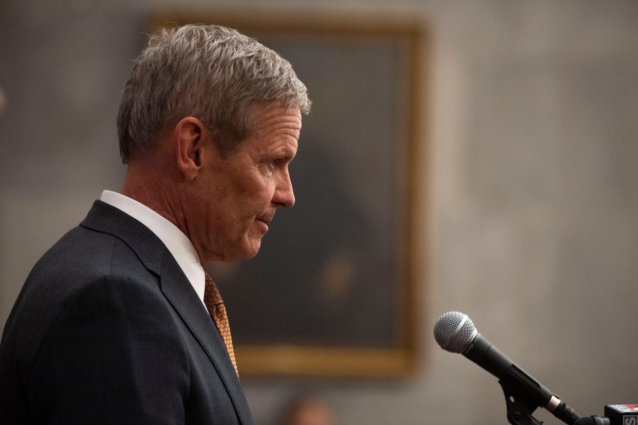 Gov. Bill Lee speaks during a press conference at the end of session at the Tennessee Capitol in Nashville, Tenn., Thursday, April 25, 2024.