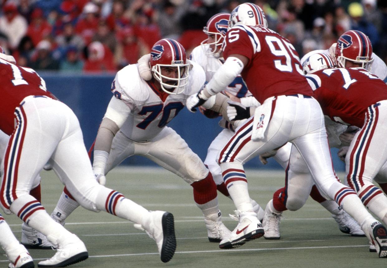Buffalo Bills tackle Joe Devlin in action against the New England Patriots at Foxboro Stadium.