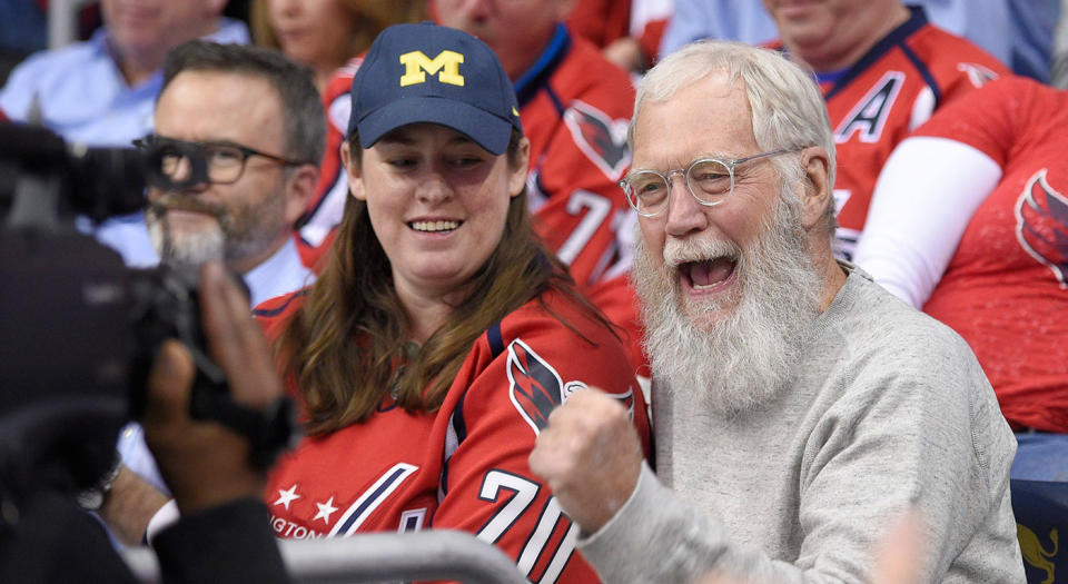 <p>David Letterman, a Rangers fan, takes in Game 1 between the Capitals and Penguins in D.C. (Nick Wass/AP) </p>