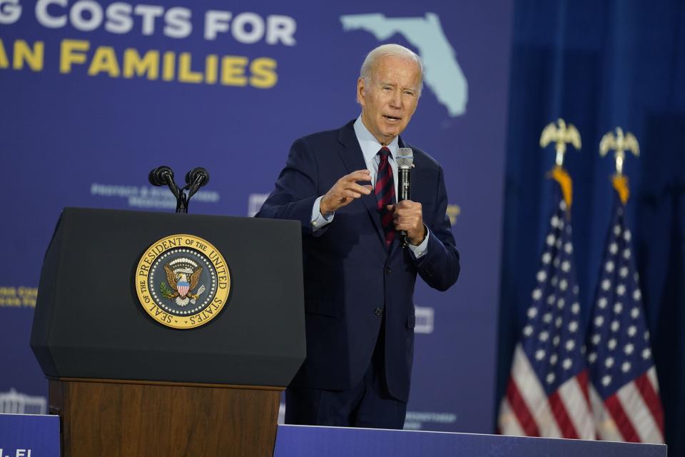 President Joe Biden speaks about Social Security, Medicare, and prescription drug costs, Tuesday, Nov. 1, 2022, in Hallandale Beach, Fla. (AP Photo/Evan Vucci)