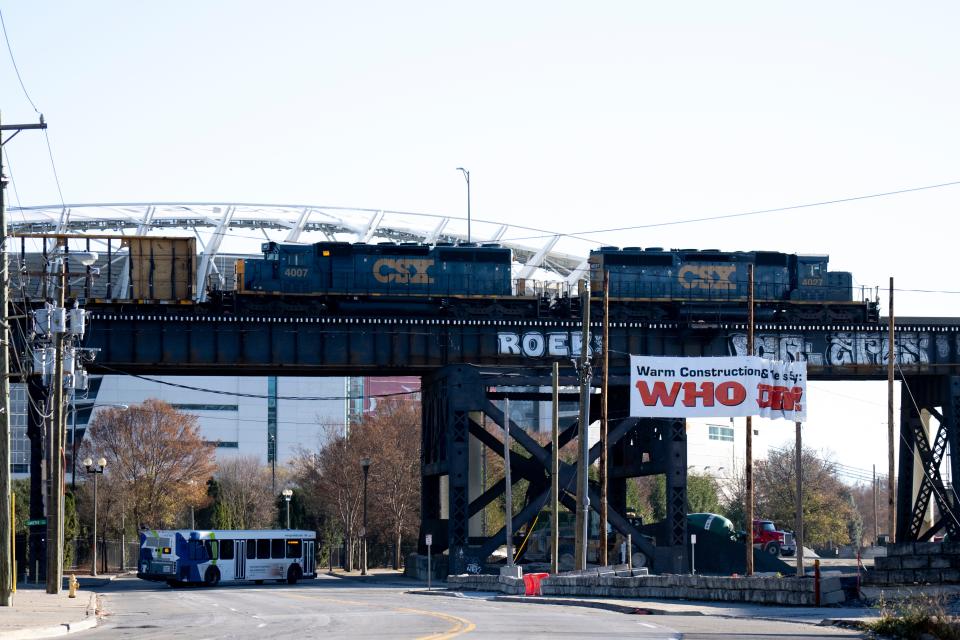 A CSX Transportation train rides on a Cincinnati Southern Railway line in Cincinnati on Monday, Nov. 21, 2022.