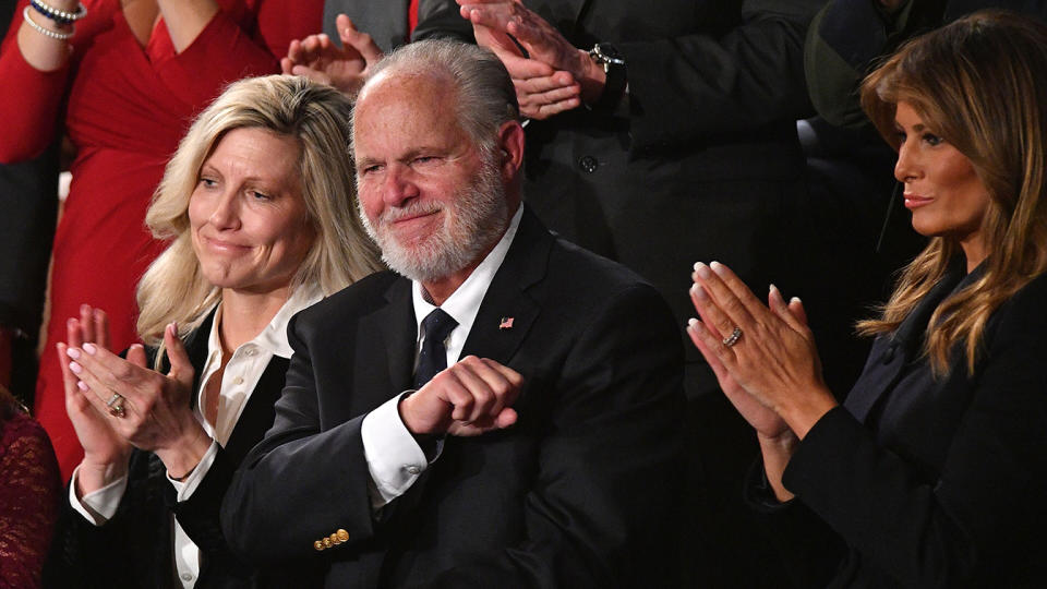 Radio personality Rush Limbaugh pumps his fist as he is acknowledged by US President Donald Trump as he delivers the State of the Union address at the US Capitol in Washington, DC, on February 4, 2020. (Mandel Ngan/AFP via Getty Images)