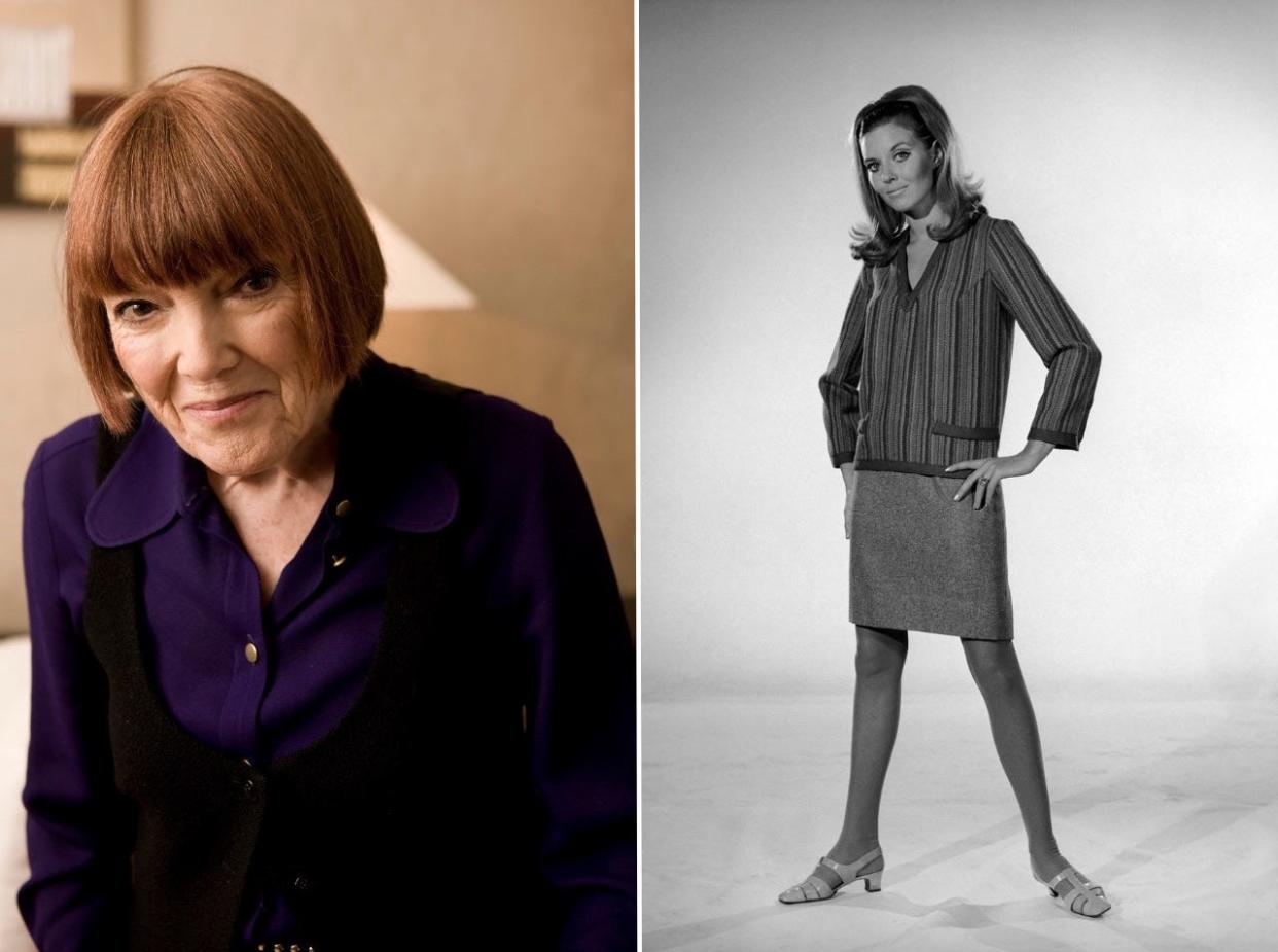 Mary Quant photographed in 2009 in London (L), a model posing in her designs in 1960 (R).