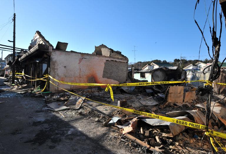 Damage caused to buildings on South Korea's Yeonpyeong Island on December 3, 2010 following a North Korean artillery and rocket attack on November 23