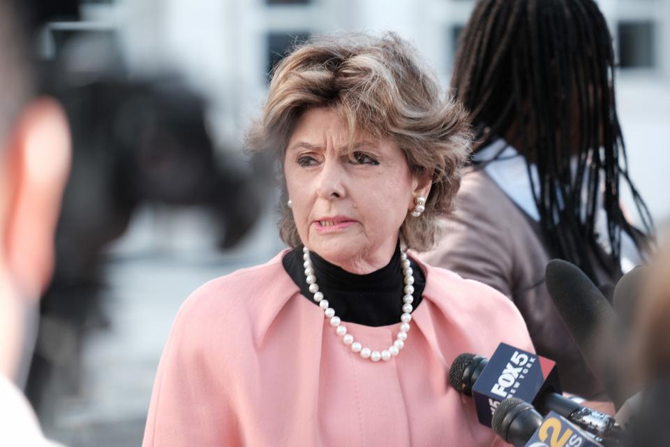Gloria Allred, lawyer for three of R. Kelly&#39;s accusers who testified in the case against the R&amp;B star, speaks to the media after a federal jury in Brooklyn found Kelly guilty of racketeering and sex trafficking charges after two days of jury deliberations, Sept. 27, 2021 in New York City. T